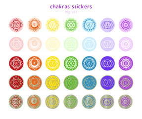 Big set of colorful chakra stickers for wall decoration in. Round icons in golden color for yoga and meditation centers.