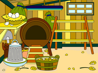 The interior of an agricultural building. Chicken coop with furniture and items. Children color book. © toricheks