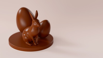 Podium decorated with chocolate Easter eggs and rabbit. Easter concept backdrop. 3d render illustration