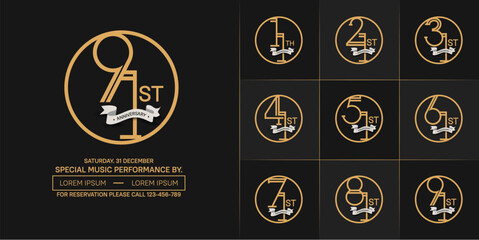 set of anniversary logotype gold color in circle and silver ribbon for special celebration event