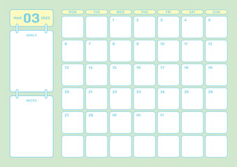 March 2023 simple design digital and printable calendar template illustration. Notes, scheduler, diary, calendar, memo, planner document template background. 
