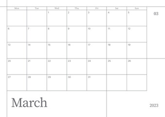 March 2023 simple design digital and printable calendar template illustration. Notes, scheduler, diary, calendar, memo, planner document template background. 
