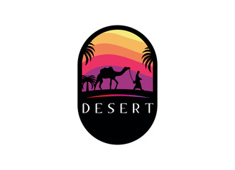 Arabian Logo caravan Camels in desert dunes on beige color gold sand under hot sun in circle wavy pattern background.Design template icon,badge, pictogram,symbol,tourism sign,travel,hot places.Vector
