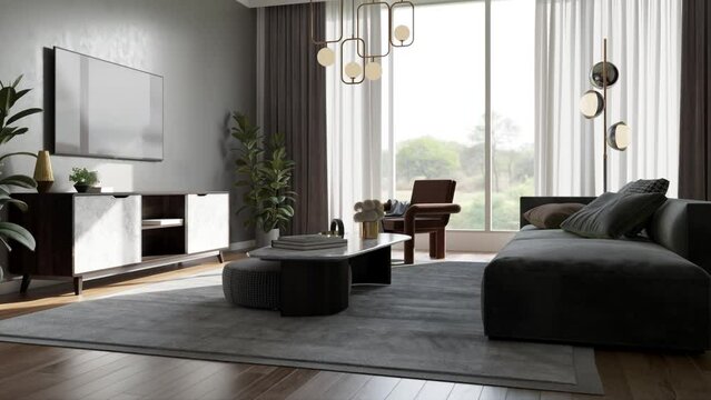 footage Illustration 3D rendering  large luxury modern bright interiors Living room mockup computer digitally generated image