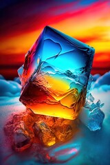 A beautiful neon colored ice cube on a snowy ground and a bright sunset sky, generative ai