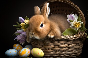 A cute brown bunny sitting in a basket with flowers and colorful Easter eggs, generative ai