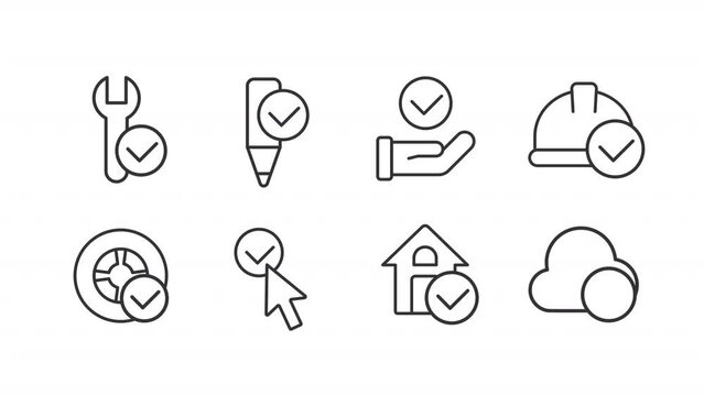 Animated checkmarks linear icons. Verification process. Approve operation. Check condition. Seamless loop HD video with alpha channel on transparent background. Outline motion graphic animation