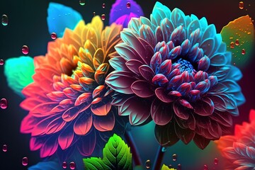 Beautiful neon colored chrysanthemum flowers with water drops on colorful background, generative ai