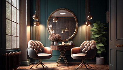 Innovative Hair Salon Interior Design Concept with Lit Mirrors and Cozy Seating in a Sophisticated Co-Working Space. Generative Ai