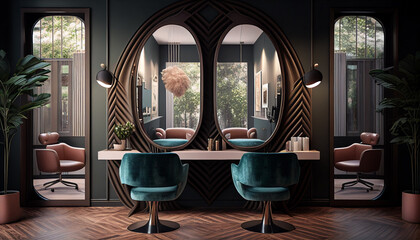 Upscale Hairdressers' Workspace with Designer Mirrors and Plush Seating in a High-End Co-Working Environment. Generative Ai