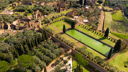 Aerial view of Hadrian's Villa at Tivoli, near Rome, Italy. Villa Adriana is a World Heritage...