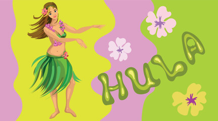 Fototapeta na wymiar Cartoon hula dancer with title on colored background