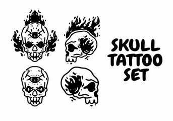 Black and white color of skull with flames tattoo design