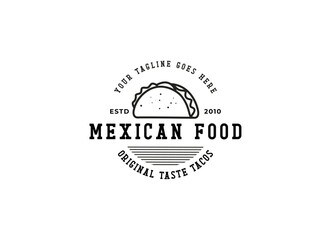 Fototapeta premium Tacos logo design vector illustration. Hot dog sausage silhouette, good for restaurant menu and cafe badge. Vintage typography logotype template.