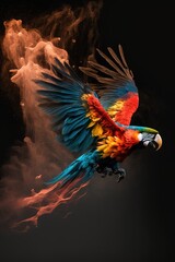 Parrot flies leaving around him a cloud of particles and colored smoke. On a dark background - Generative AI