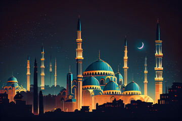 Mosque minarets and domes, Arabic and Islamic architecture skyline. Islam theme background. Generative Ai