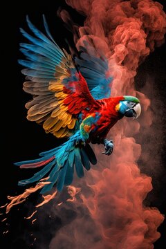 Parrot flies leaving around him a cloud of particles and colored smoke. On a dark background - Generative AI