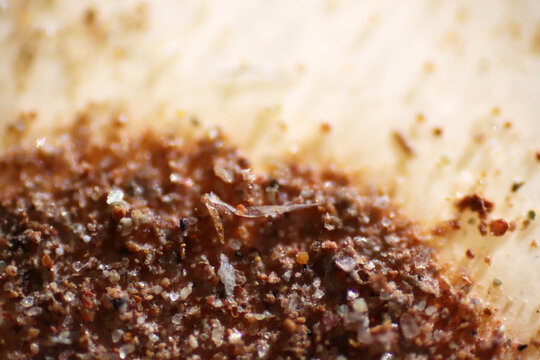 Microplastics inside the soil observed under a 40x microscope macro lens in an environmental health laboratory. This image represents non-recyclable plastic particles contaminating agricultural soil. 