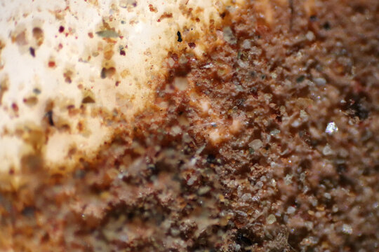 Microplastics inside the soil observed under a 40x microscope macro lens in an environmental health laboratory. This image represents non-recyclable plastic particles contaminating agricultural soil. 