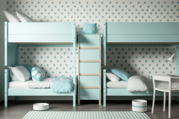 Modern interior design of woman or childrens bedroom with bunk. Super photo realistic background, generative ai