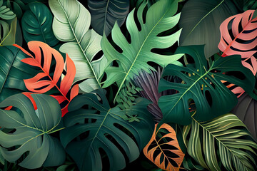 Exotic and tropical leaves background. Flat lay. Generative Ai