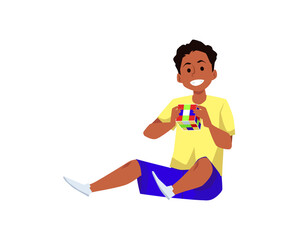 Child playing Rubik's Cube puzzle toy flat cartoon vector illustration isolated.