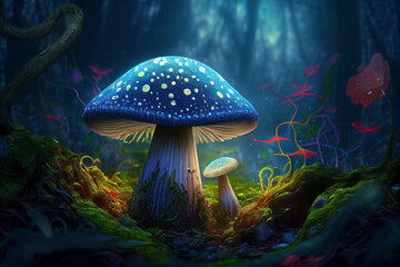 Fototapeta na wymiar Magic glowing mushrooms in fantasy forest. Magical fairy landscape. Generative Ai