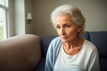 Fototapeta na wymiar Mature woman sitting on the sofa feeling sad and alone. Upset elderly 70s female have headache while in living room at home. Generative ai.