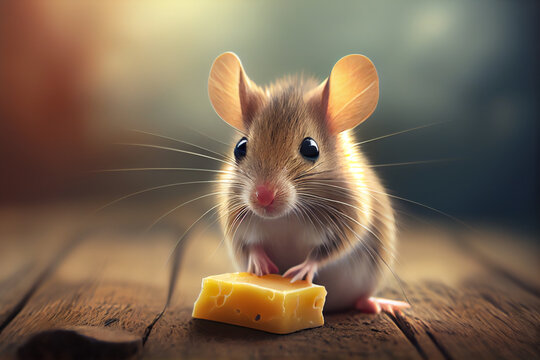 Small cute mouse eating piece of cheese. Generative Ai