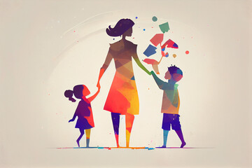 Fototapeta na wymiar Mother with children minimalist colorful