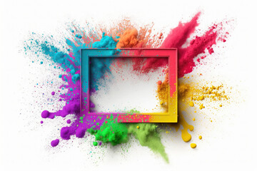 Fototapeta na wymiar Splashing colorful powder on frame on white background. AI generative.