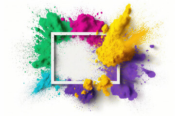 Obraz na płótnie Canvas Splashing colorful powder on frame on white background. AI generative.