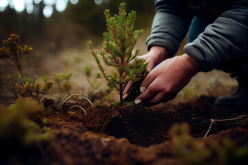 Fototapeta Planting young trees in new forest. Ecology activity concept. Generative AI obraz
