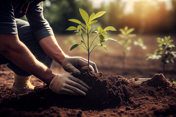 Planting young trees in new forest. Ecology activity concept. Generative AI