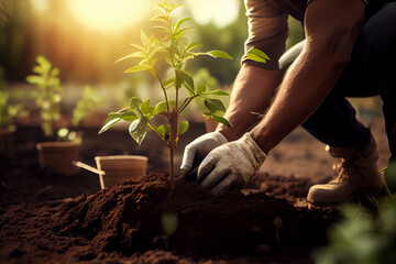 Planting young trees in new forest. Ecology activity concept. Generative AI