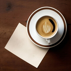 Coffee in a white cup on a saucer stands on a wooden table. Space for text