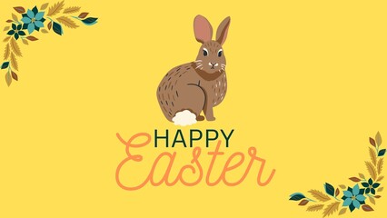 Happy Easter banner, poster, greeting card. Trendy eastern design with flowers, a bunny, typography. Yellow colored with orange
