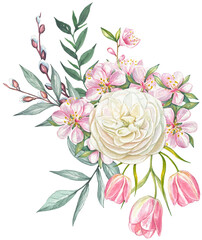Watercolor flower bouquet. Spring flower arrangements with white rose, sakura and tulips