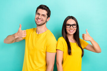 Photo of optimists students extra courses upgrade knowledge wear stylish eyeglasses yellow t-shirt...