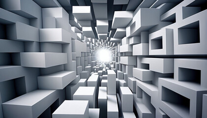 mesmerizing journey with this stunning mosaic image of white cubes, forming a tunnel that stretches into infinity, generative ai