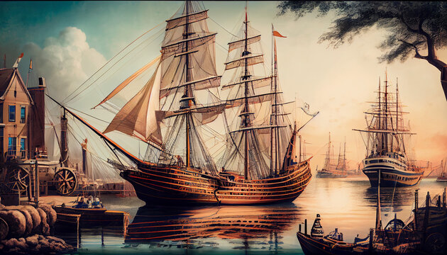 Drawing of sailing ship port