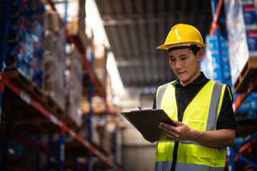Asian male worker wearing Hard Hat with clipboard Checks Stock and Inventory in the Retail Warehouse.