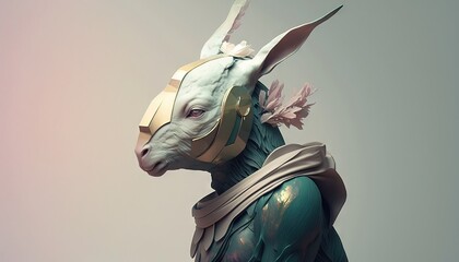 The anthropomorphic rabbit horse with a pinkscarf. Wild animal in human clothes, wallpaper. Realistic background with the humanoid-like animal creature, generative ai. 