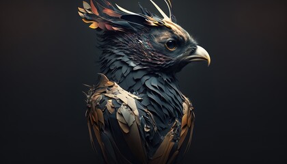The anthropomorphic bird. Wild animal in human clothes, wallpaper. Realistic background with the humanoid-like animal creature, generative ai. 