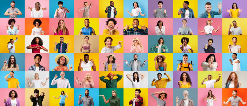 Social diverse and facial expression. Surprised smiling excited young and adult different people gesticulate