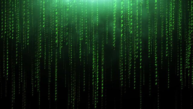 Green Raining code matrix particle digital motion light luminance illustration night background, artistic space technology speed matrix magic effect background animation