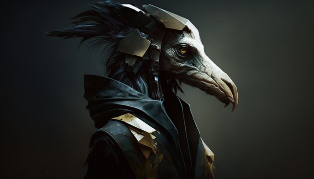 The anthropomorphic griffin in a cyberpunk jacket. The creature in human clothes, wallpaper. Realistic background with the humanoid-like animal creature, generative ai. 