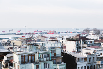 Panoramic view of skyline and houses roofs at Fatih. Istanbul, Turkiye