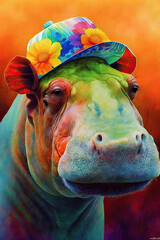 Hippopotamus wearing Baseball cap, Psychedelic Illustration. Generative AI