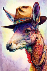 Kangaroo wearing Cowboy hat, Psychedelic Illustration. Generative AI